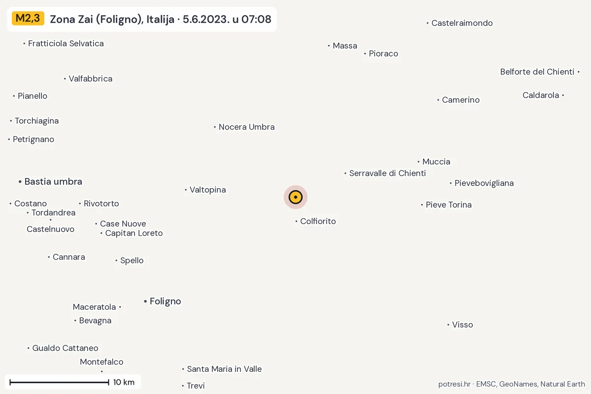 Karta: okolica epicentra, 60 km, potres M2,3, Zona Zai (Foligno), Italija, 5.6.2023.