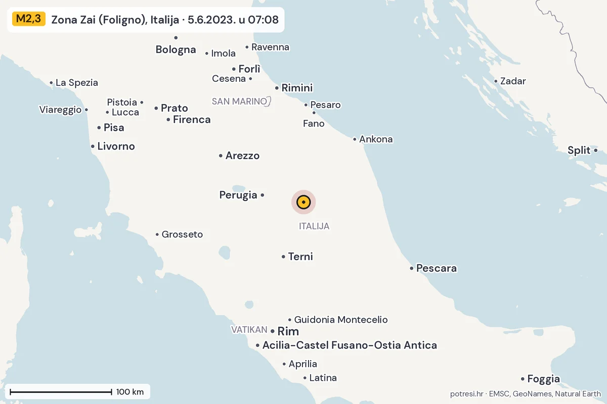 Karta: šire područje, 600 km, potres M2,3, Zona Zai (Foligno), Italija, 5.6.2023.