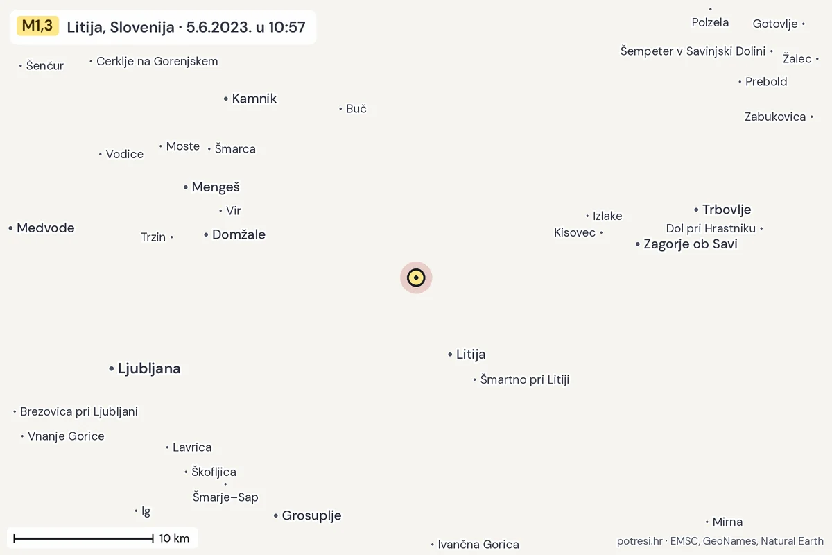 Karta: okolica epicentra, 60 km, potres M1,3, Litija, Slovenija, 5.6.2023.
