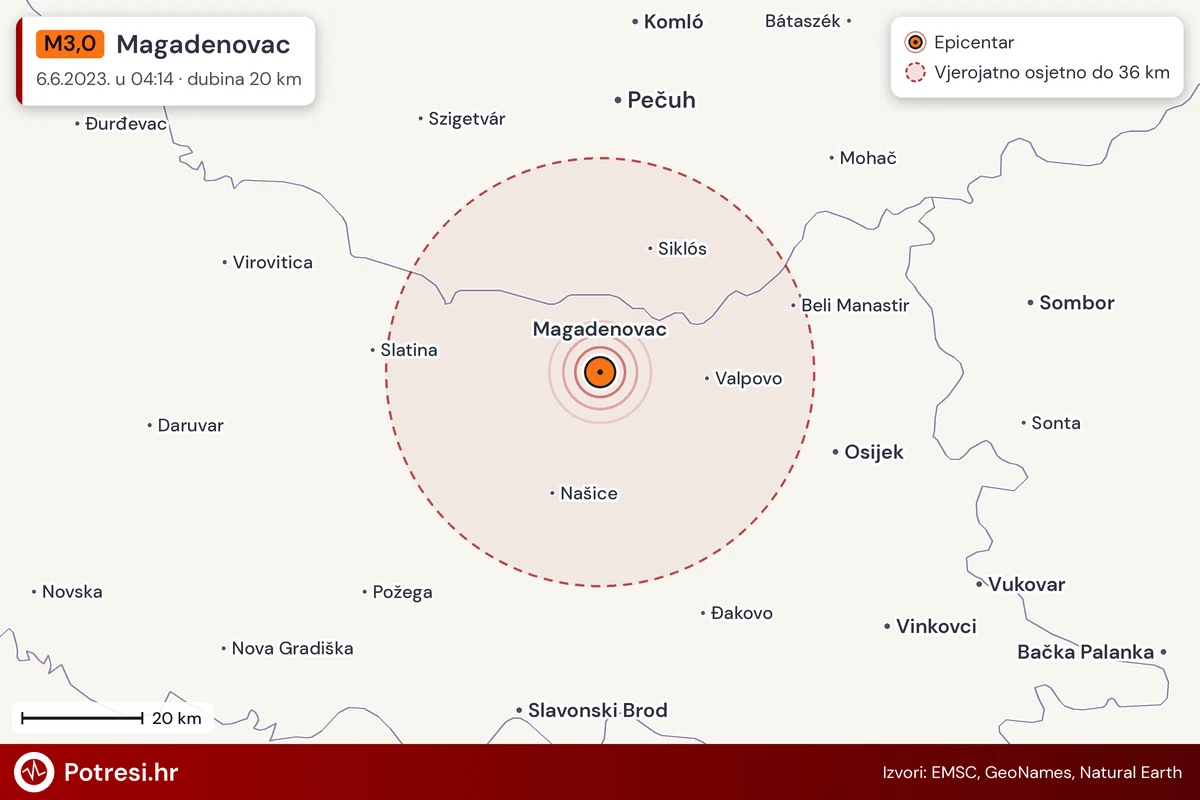 Karta: šire područje i vjerojatni doseg osjeta, potres M3,0, Magadenovac, 6.6.2023.