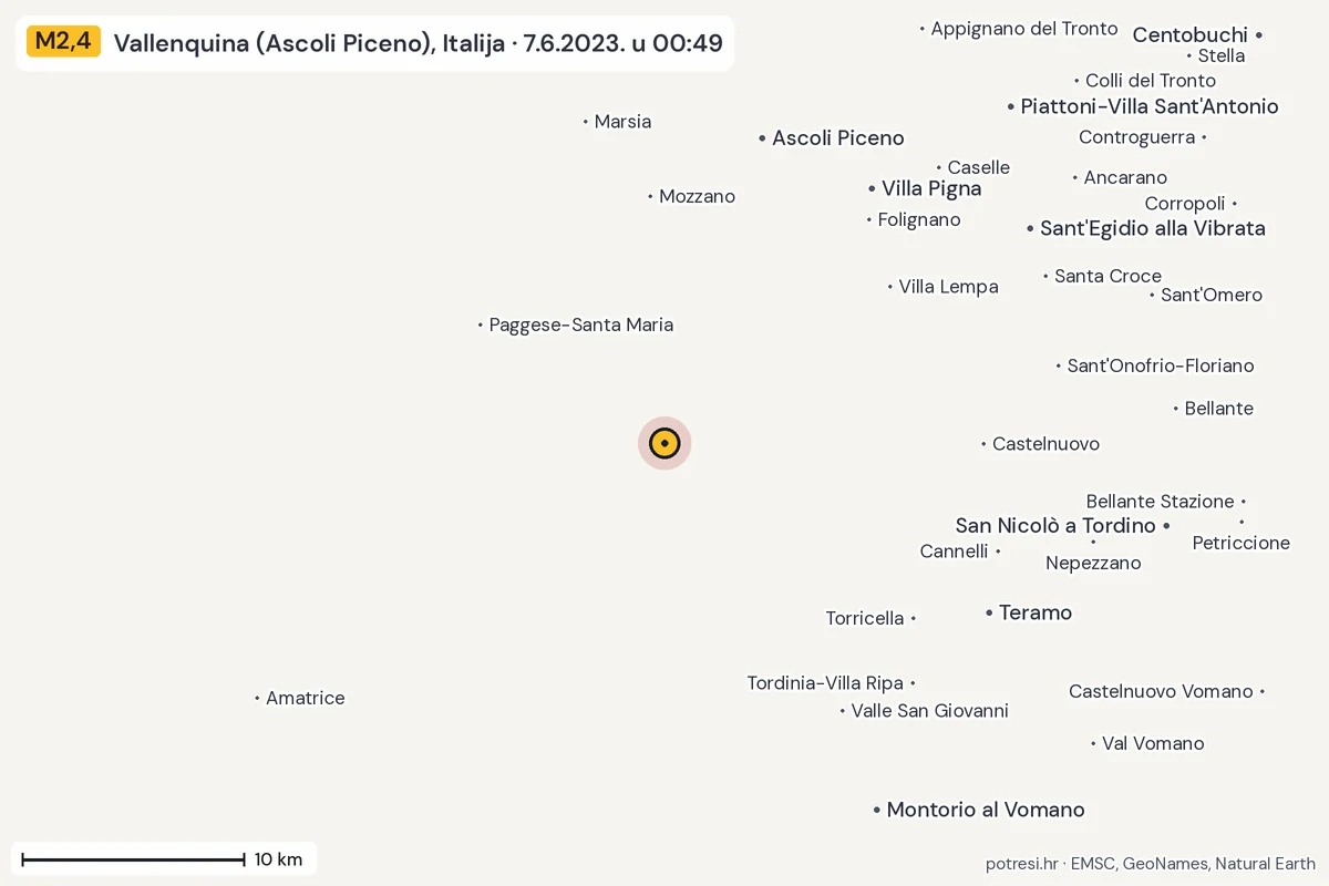 Karta: okolica epicentra, 60 km, potres M2,4, Vallenquina (Ascoli Piceno), Italija, 7.6.2023.