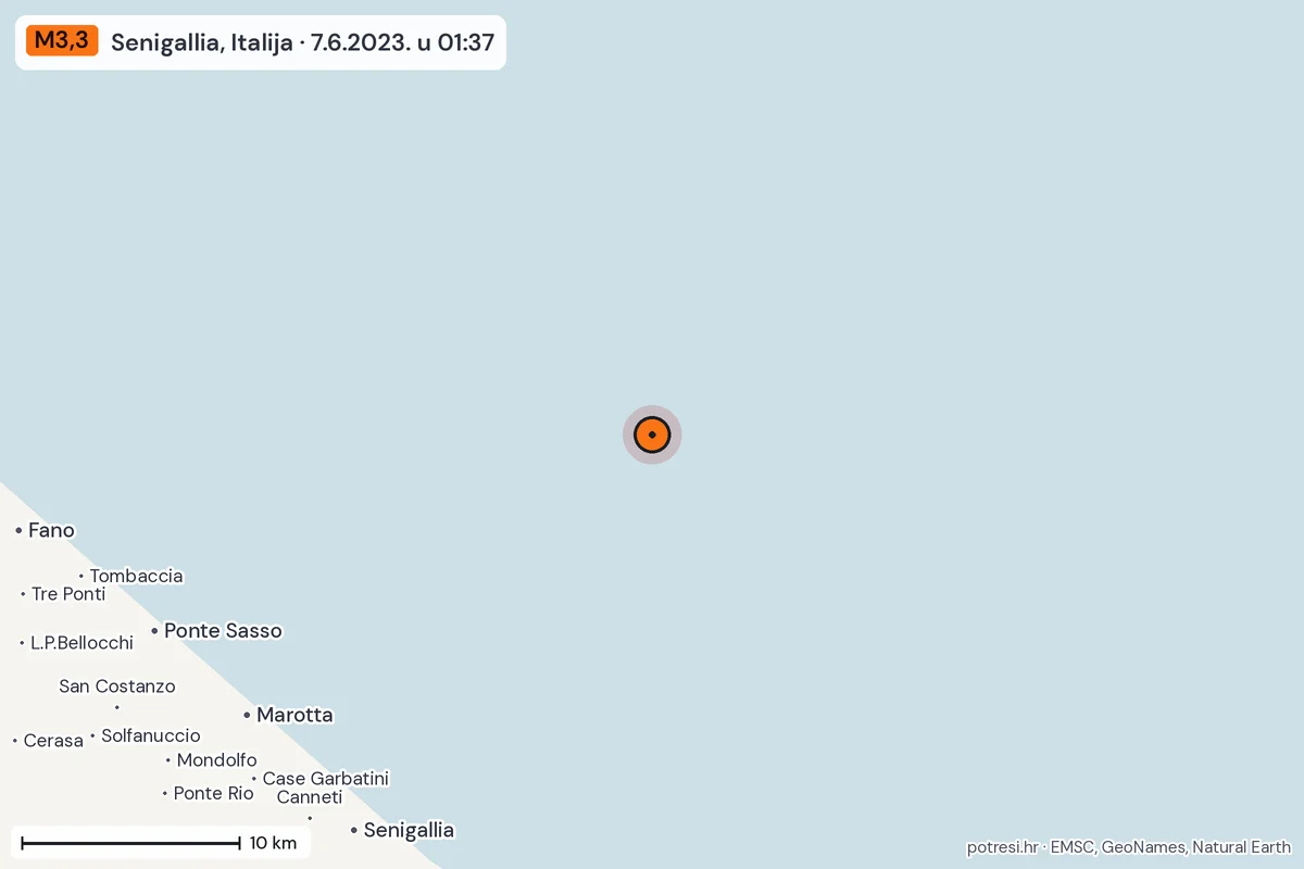 Karta: okolica epicentra, 60 km, potres M3,3, Senigallia, Italija, 7.6.2023.