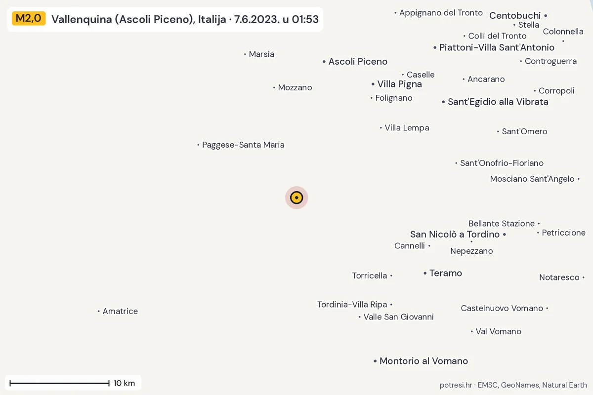 Karta: okolica epicentra, 60 km, potres M2,0, Vallenquina (Ascoli Piceno), Italija, 7.6.2023.