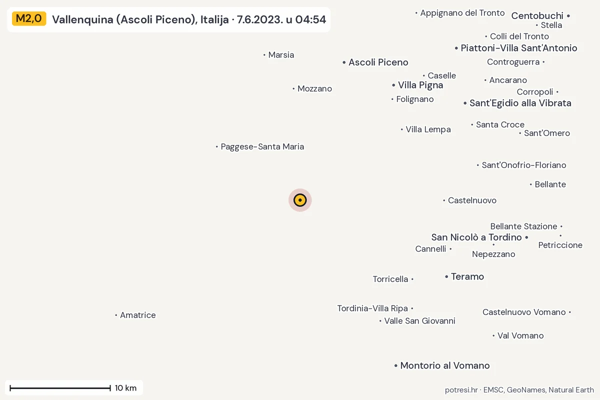 Karta: okolica epicentra, 60 km, potres M2,0, Vallenquina (Ascoli Piceno), Italija, 7.6.2023.