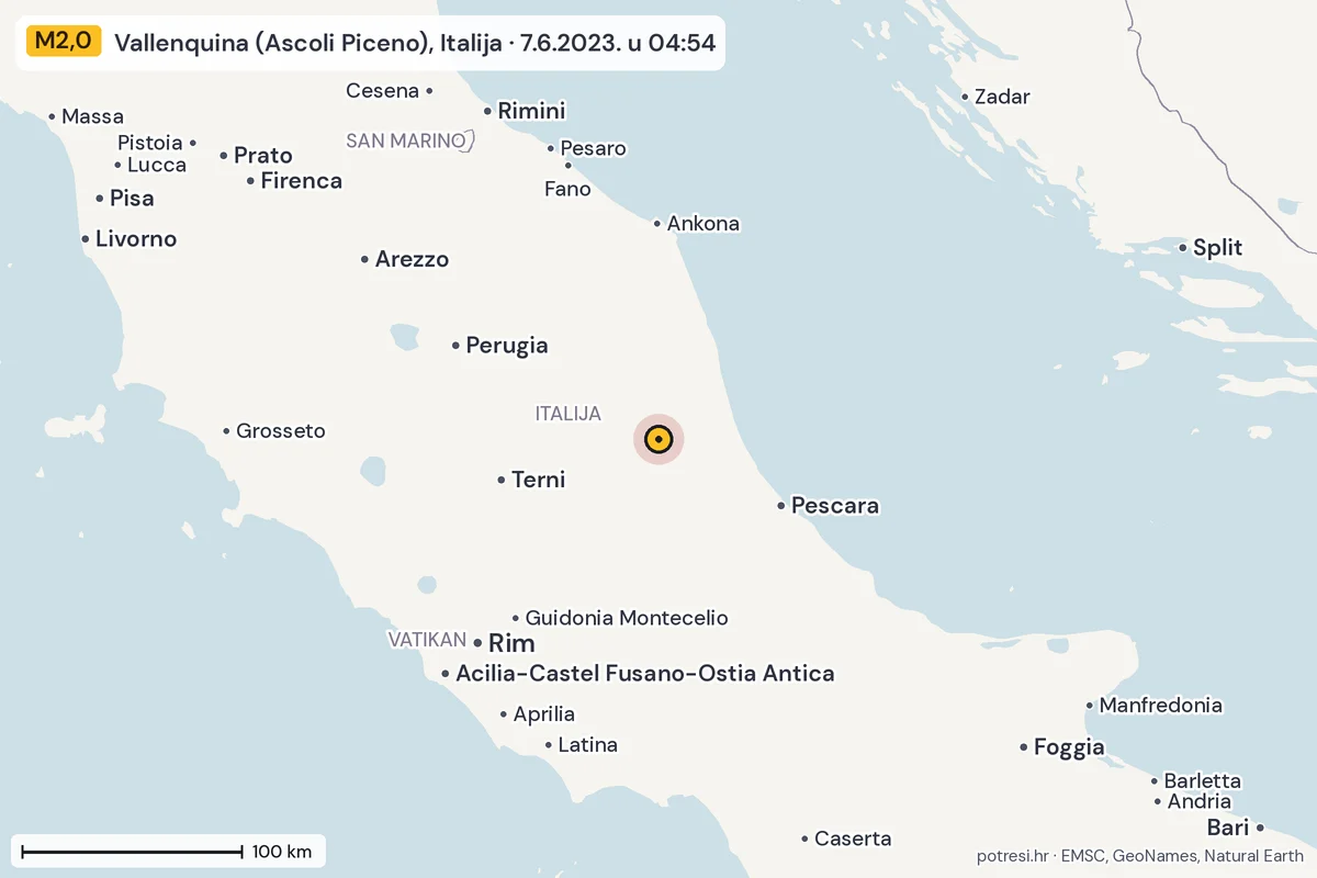 Karta: šire područje, 600 km, potres M2,0, Vallenquina (Ascoli Piceno), Italija, 7.6.2023.