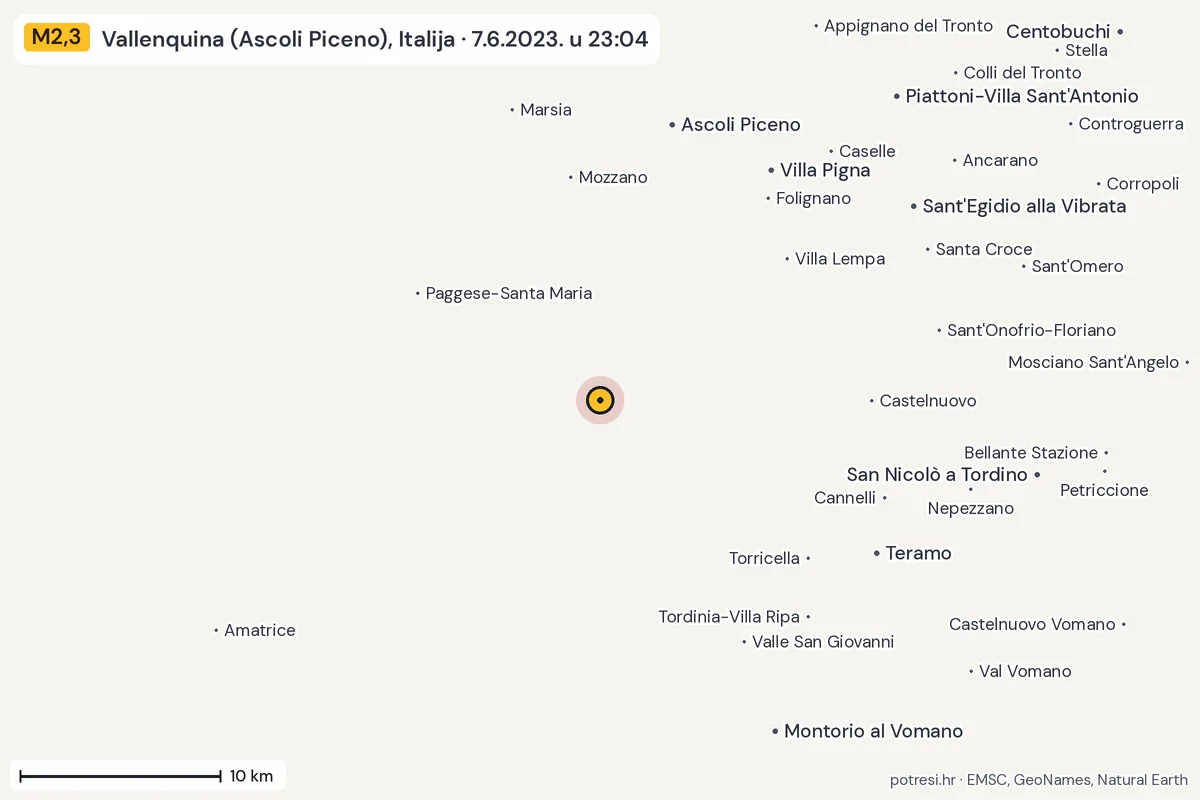 Karta: okolica epicentra, 60 km, potres M2,3, Vallenquina (Ascoli Piceno), Italija, 7.6.2023.
