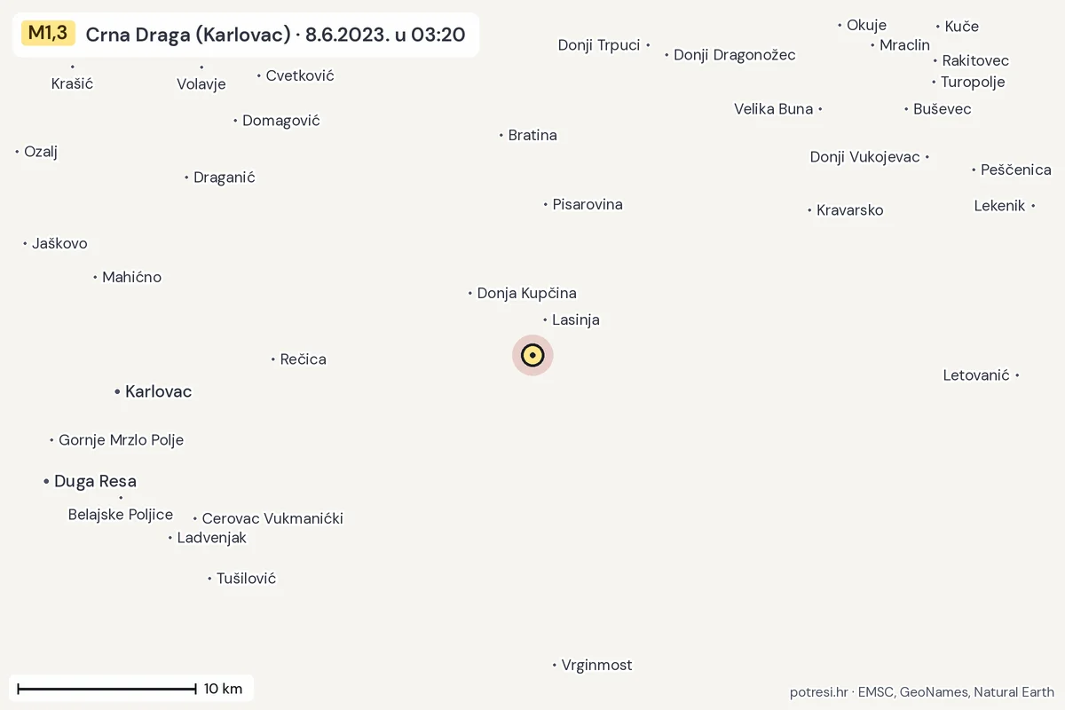 Karta: okolica epicentra, 60 km, potres M1,3, Crna Draga (Karlovac), 8.6.2023.