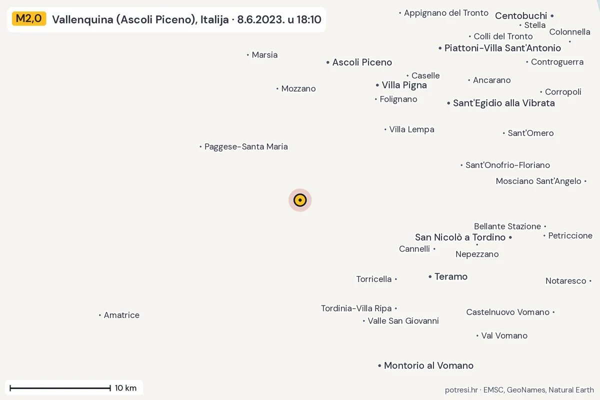 Karta: okolica epicentra, 60 km, potres M2,0, Vallenquina (Ascoli Piceno), Italija, 8.6.2023.