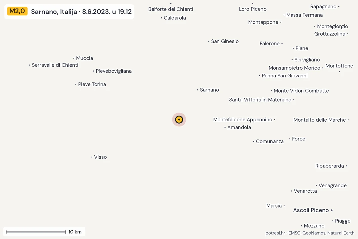 Karta: okolica epicentra, 60 km, potres M2,0, Sarnano, Italija, 8.6.2023.