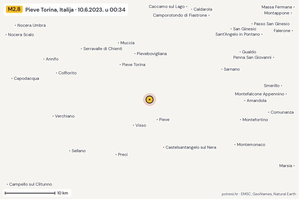 Karta: okolica epicentra, 60 km, potres M2,8, Pieve Torina, Italija, 10.6.2023.