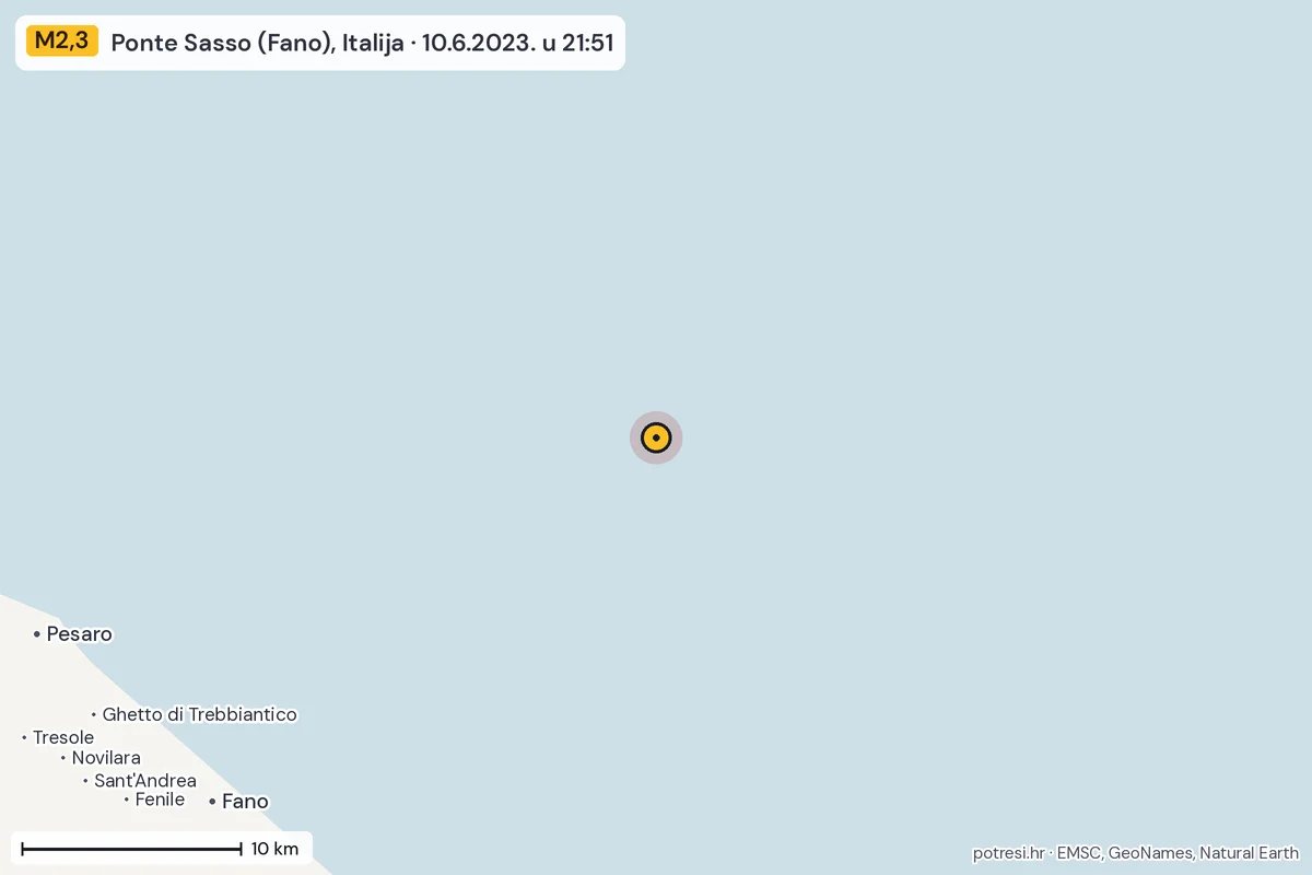 Karta: okolica epicentra, 60 km, potres M2,3, Ponte Sasso (Fano), Italija, 10.6.2023.