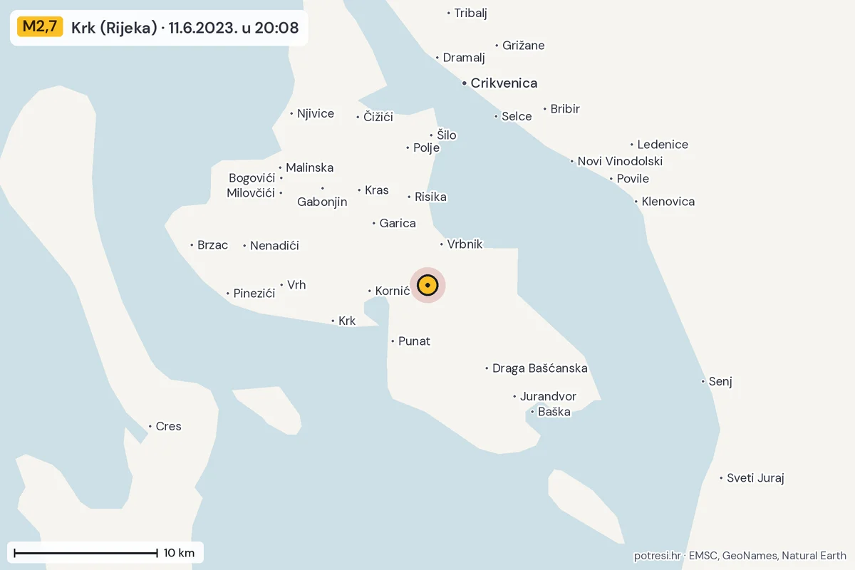 Karta: okolica epicentra, 60 km, potres M2,7, Krk (Rijeka), 11.6.2023.