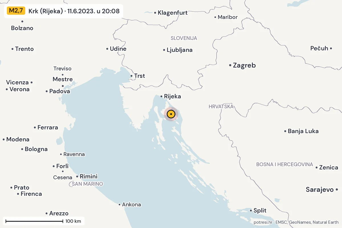 Karta: šire područje, 600 km, potres M2,7, Krk (Rijeka), 11.6.2023.