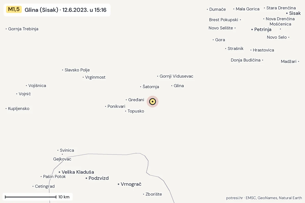 Karta: okolica epicentra, 60 km, potres M1,5, Glina (Sisak), 12.6.2023.