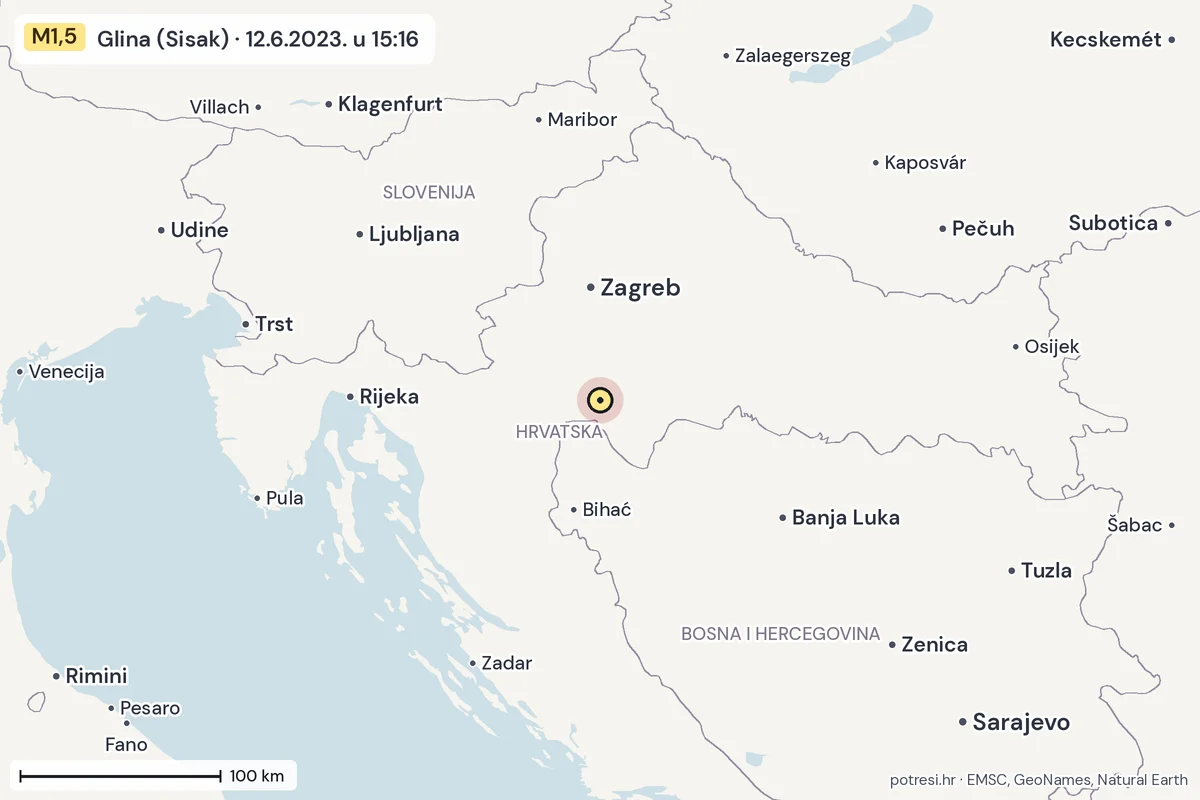 Karta: šire područje, 600 km, potres M1,5, Glina (Sisak), 12.6.2023.