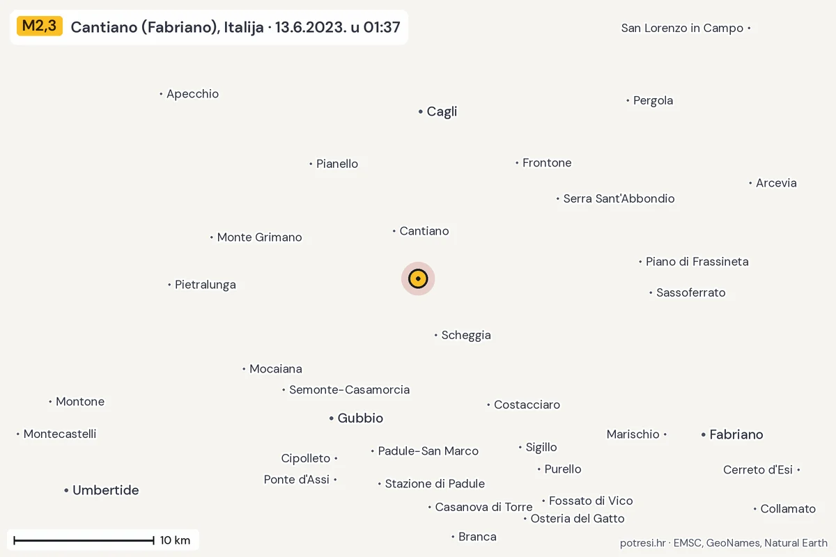 Karta: okolica epicentra, 60 km, potres M2,3, Cantiano (Fabriano), Italija, 13.6.2023.