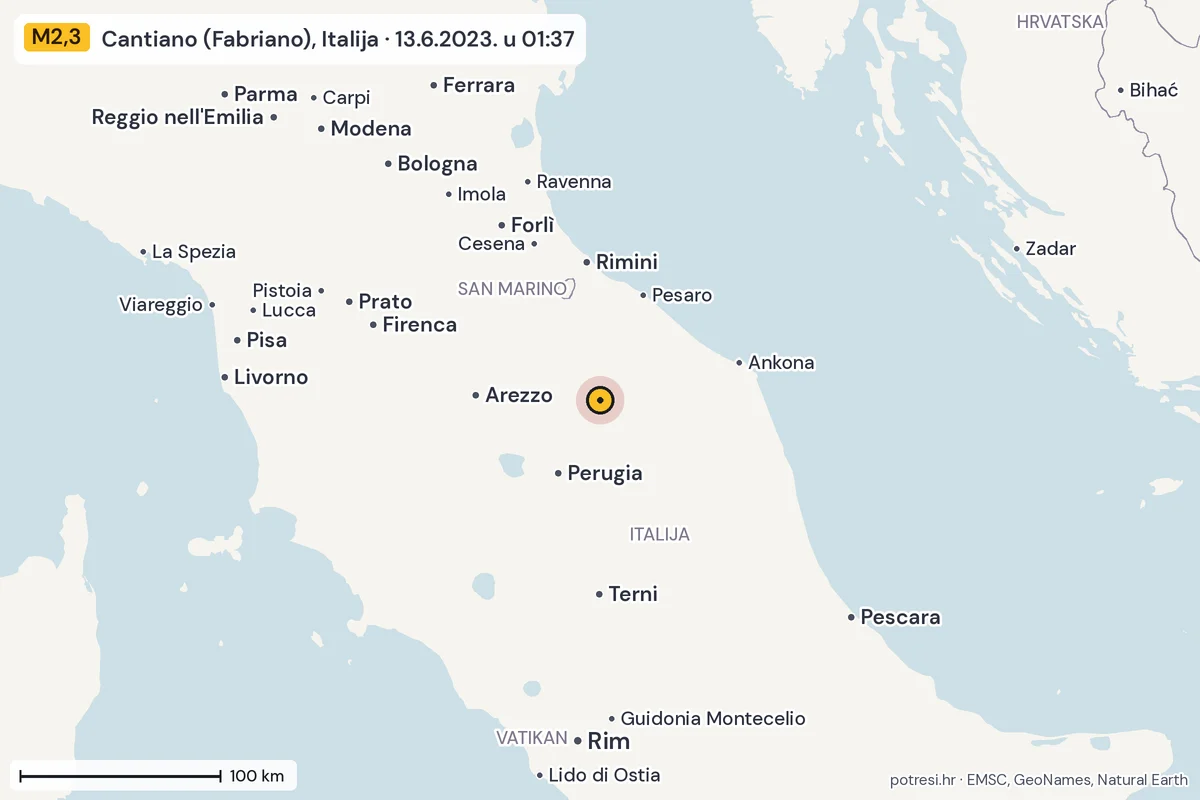 Karta: šire područje, 600 km, potres M2,3, Cantiano (Fabriano), Italija, 13.6.2023.