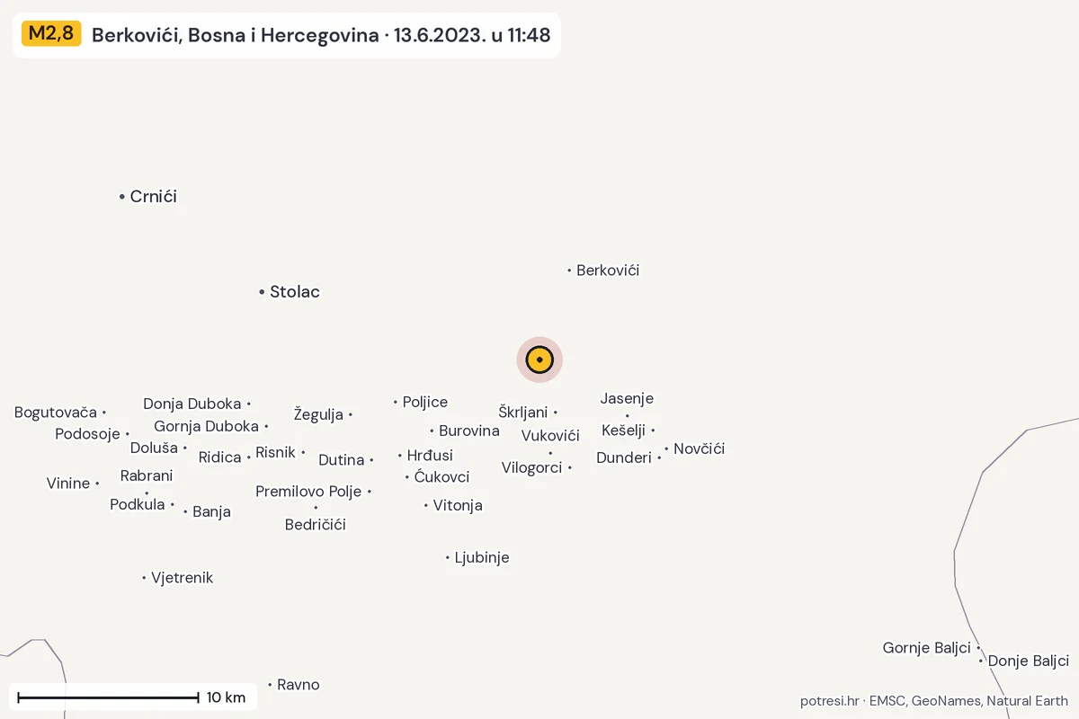 Karta: okolica epicentra, 60 km, potres M2,8, Berkovići, Bosna i Hercegovina, 13.6.2023.