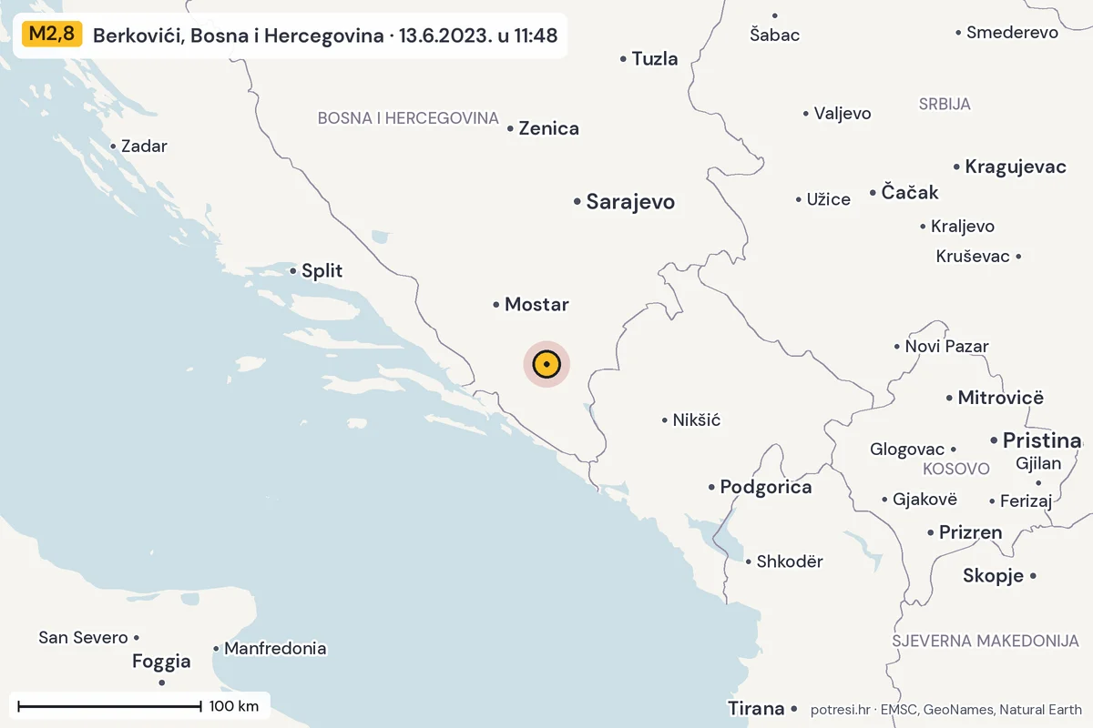 Karta: šire područje, 600 km, potres M2,8, Berkovići, Bosna i Hercegovina, 13.6.2023.