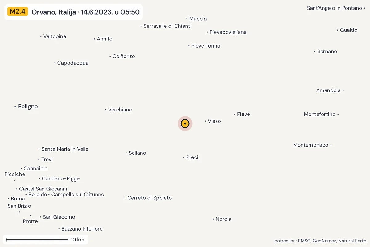 Karta: okolica epicentra, 60 km, potres M2,4, Orvano, Italija, 14.6.2023.