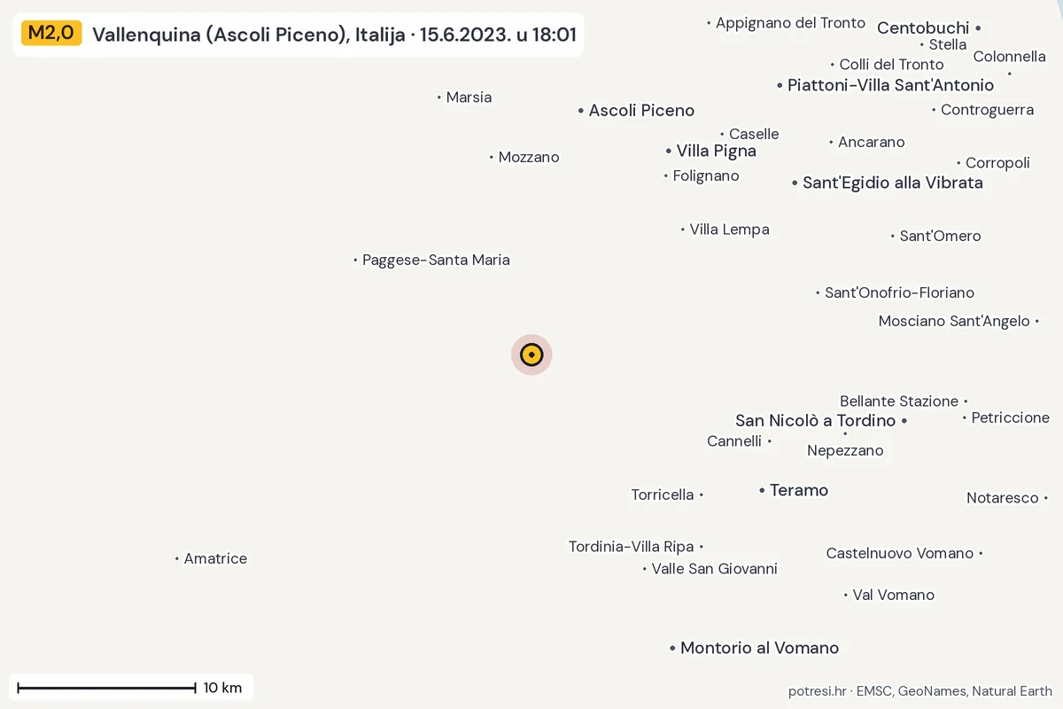 Karta: okolica epicentra, 60 km, potres M2,0, Vallenquina (Ascoli Piceno), Italija, 15.6.2023.