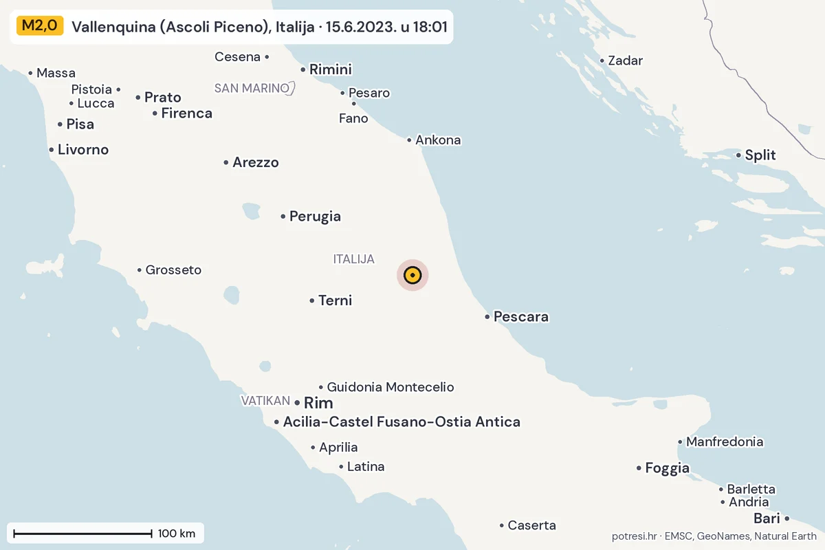 Karta: šire područje, 600 km, potres M2,0, Vallenquina (Ascoli Piceno), Italija, 15.6.2023.