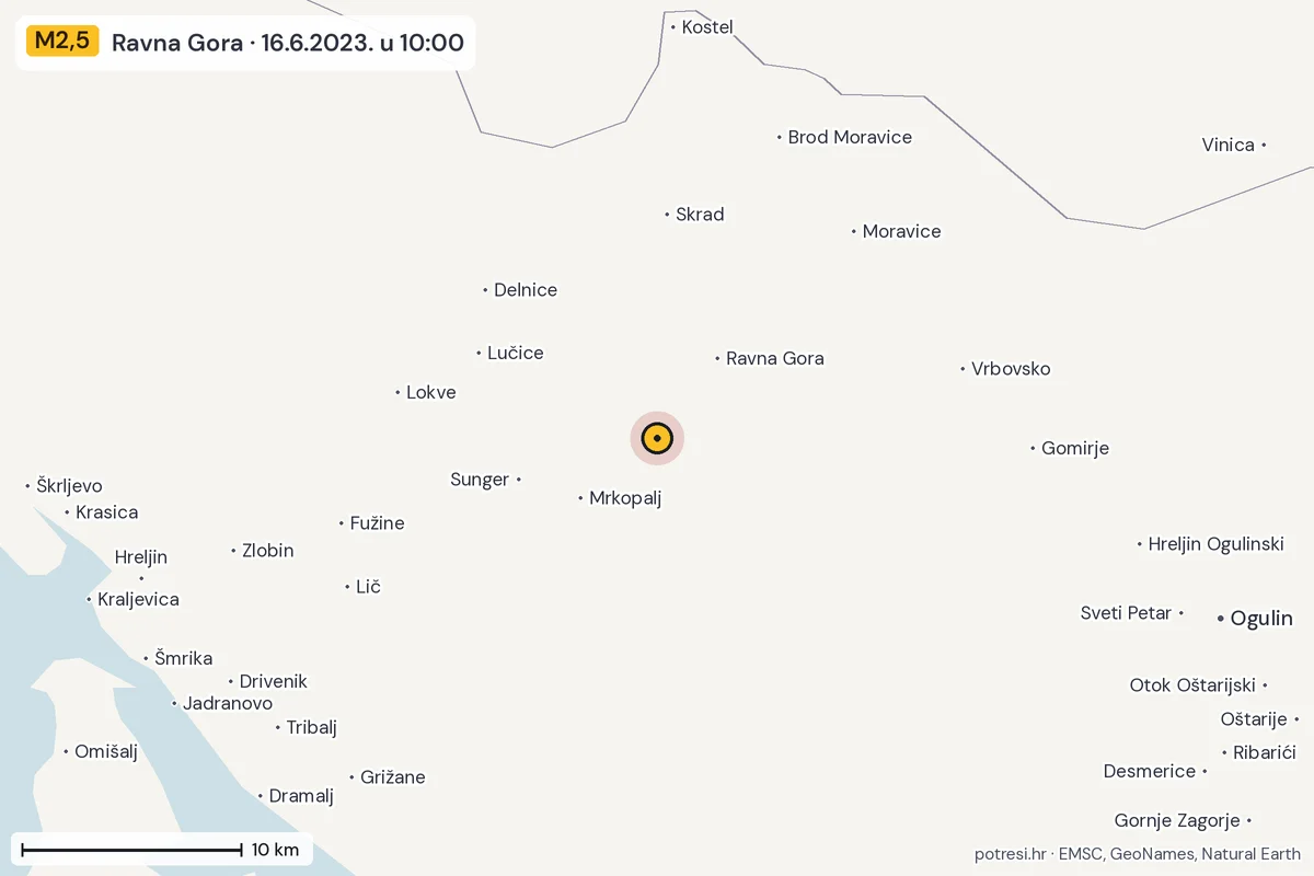 Karta: okolica epicentra, 60 km, potres M2,5, Ravna Gora, 16.6.2023.