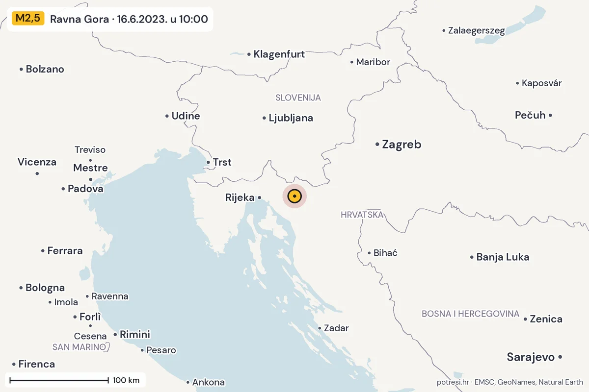 Karta: šire područje, 600 km, potres M2,5, Ravna Gora, 16.6.2023.