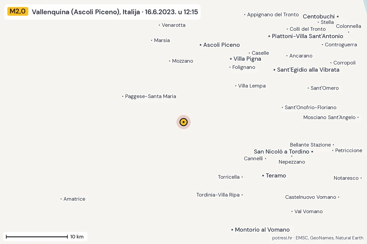 Karta: okolica epicentra, 60 km, potres M2,0, Vallenquina (Ascoli Piceno), Italija, 16.6.2023.