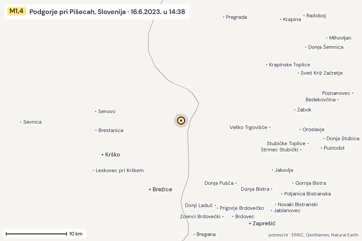 Karta: okolica epicentra, 60 km, potres M1,4, Podgorje pri Pišecah, Slovenija, 16.6.2023.