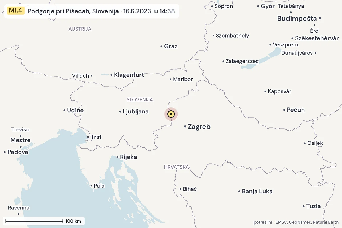 Karta: šire područje, 600 km, potres M1,4, Podgorje pri Pišecah, Slovenija, 16.6.2023.