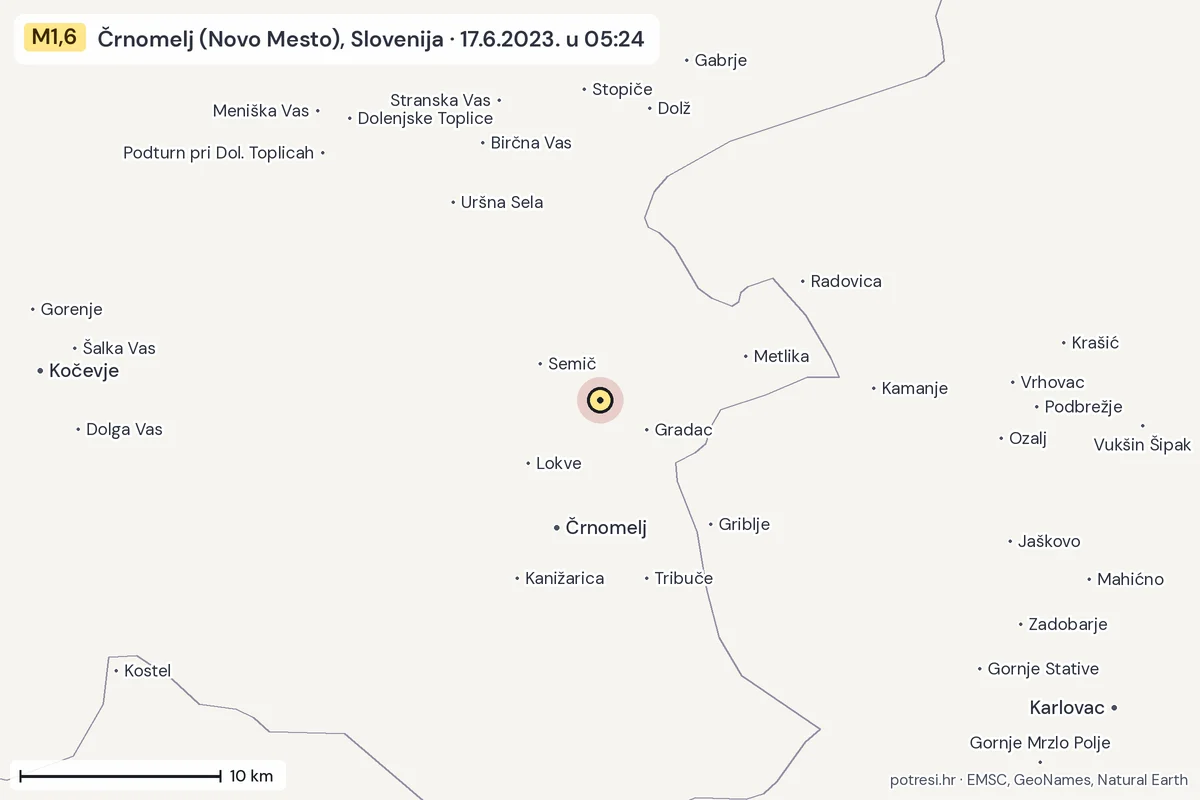 Karta: okolica epicentra, 60 km, potres M1,6, Črnomelj (Novo Mesto), Slovenija, 17.6.2023.