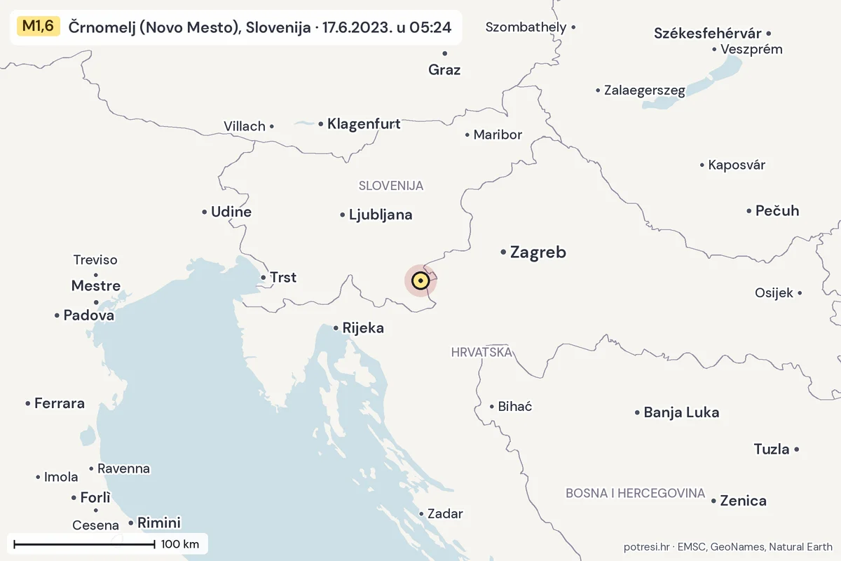 Karta: šire područje, 600 km, potres M1,6, Črnomelj (Novo Mesto), Slovenija, 17.6.2023.