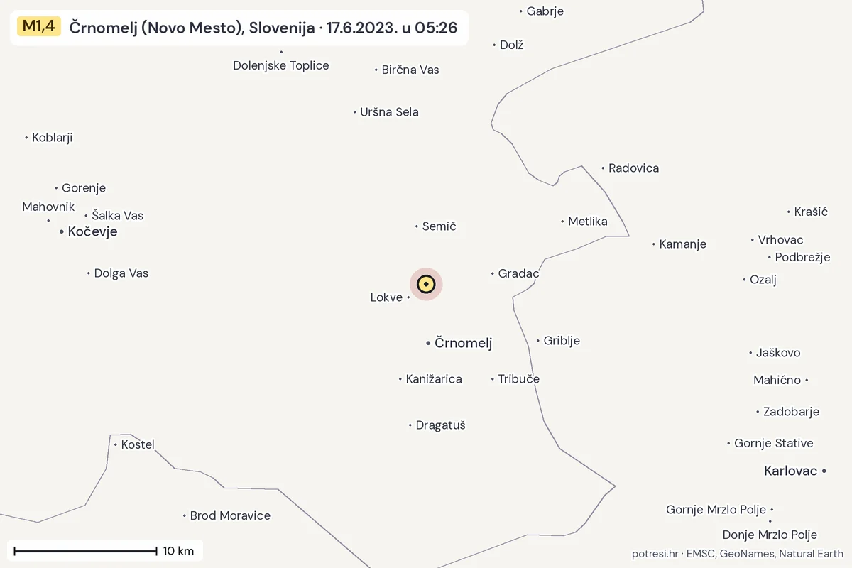 Karta: okolica epicentra, 60 km, potres M1,4, Črnomelj (Novo Mesto), Slovenija, 17.6.2023.