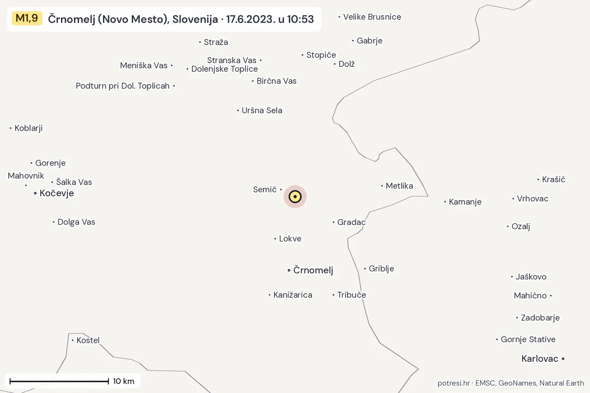 Karta: okolica epicentra, 60 km, potres M1,9, Črnomelj (Novo Mesto), Slovenija, 17.6.2023.
