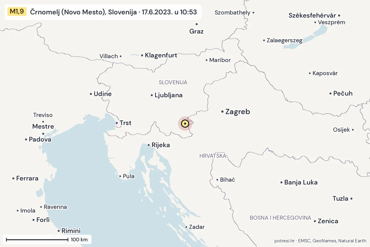 Karta: šire područje, 600 km, potres M1,9, Črnomelj (Novo Mesto), Slovenija, 17.6.2023.