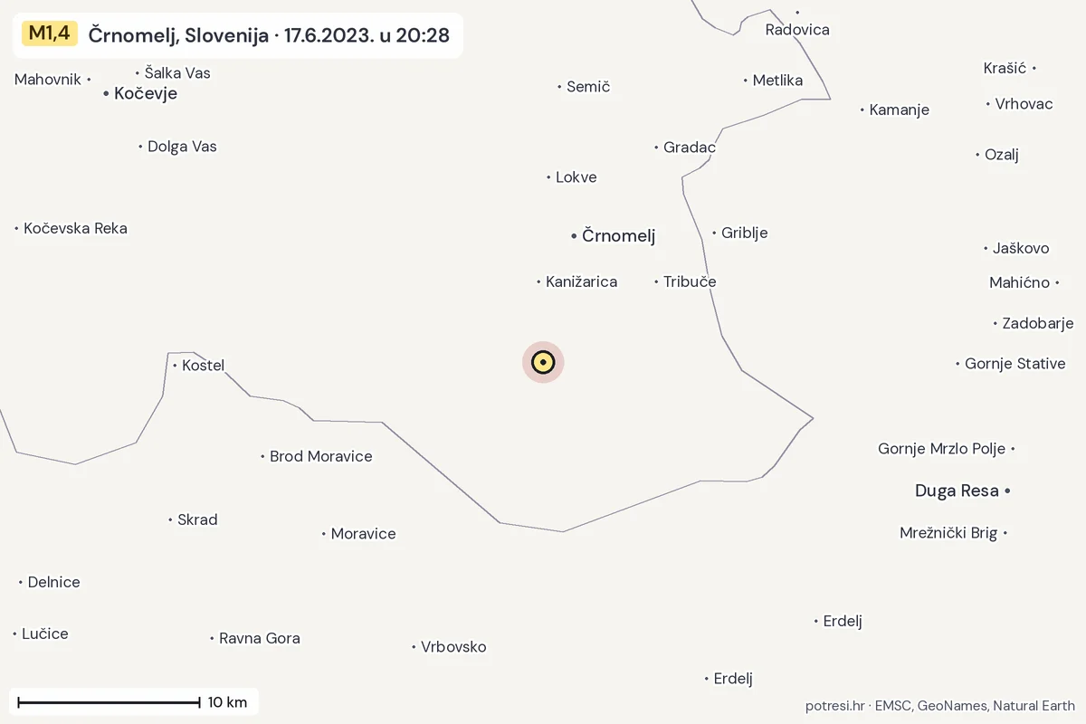 Karta: okolica epicentra, 60 km, potres M1,4, Črnomelj, Slovenija, 17.6.2023.