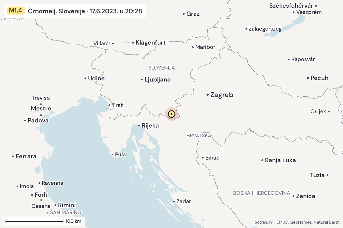 Karta: šire područje, 600 km, potres M1,4, Črnomelj, Slovenija, 17.6.2023.