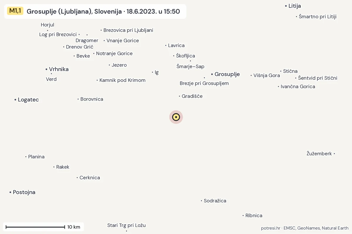 Karta: okolica epicentra, 60 km, potres M1,1, Grosuplje (Ljubljana), Slovenija, 18.6.2023.