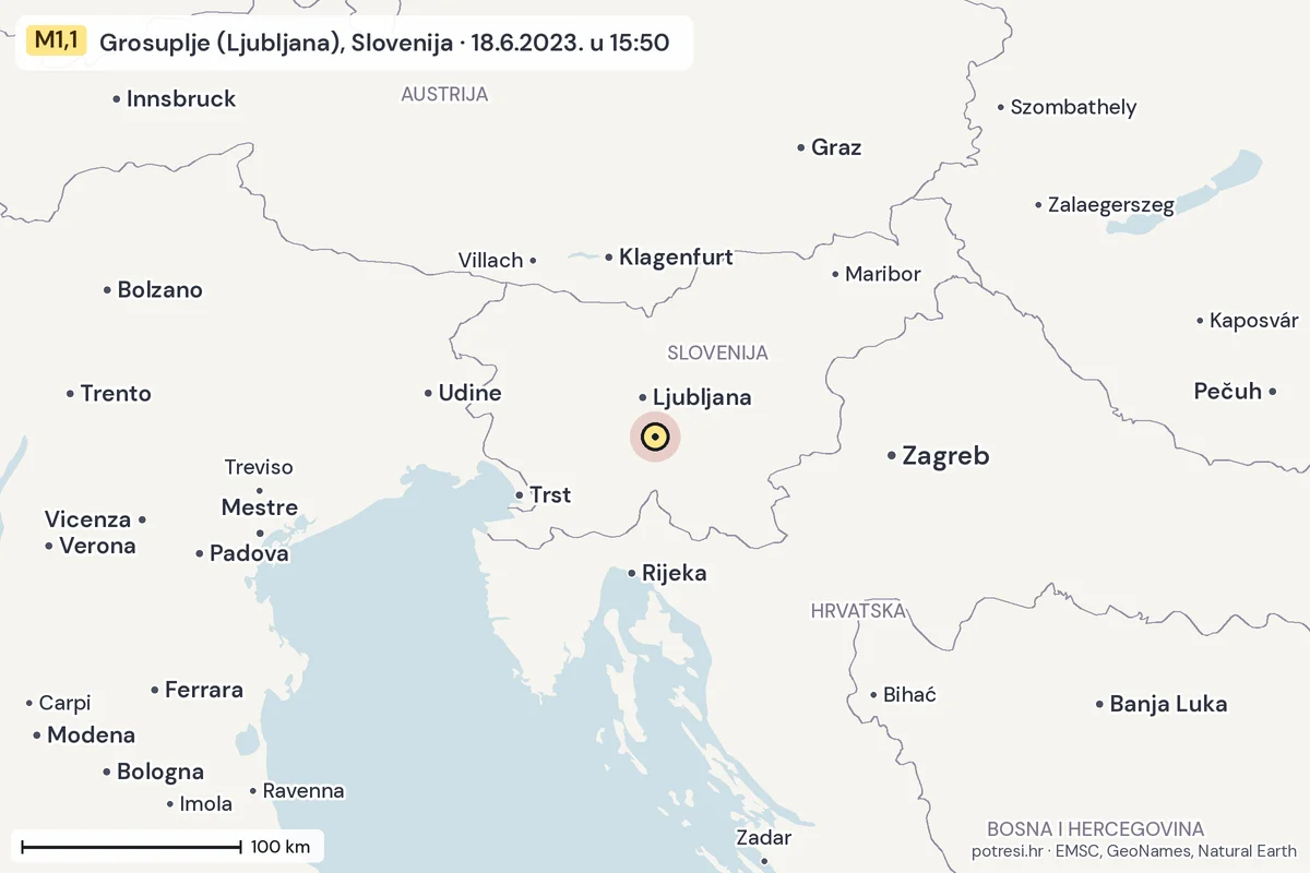 Karta: šire područje, 600 km, potres M1,1, Grosuplje (Ljubljana), Slovenija, 18.6.2023.