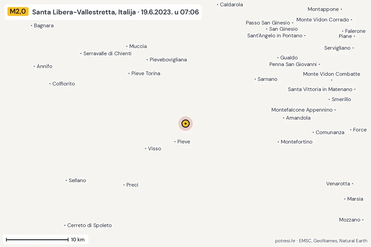 Karta: okolica epicentra, 60 km, potres M2,0, Santa Libera-Vallestretta, Italija, 19.6.2023.