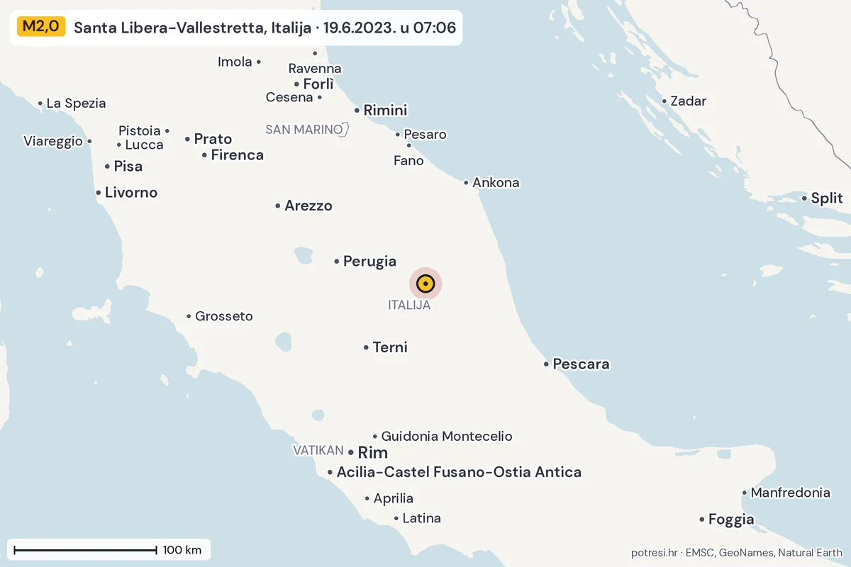 Karta: šire područje, 600 km, potres M2,0, Santa Libera-Vallestretta, Italija, 19.6.2023.