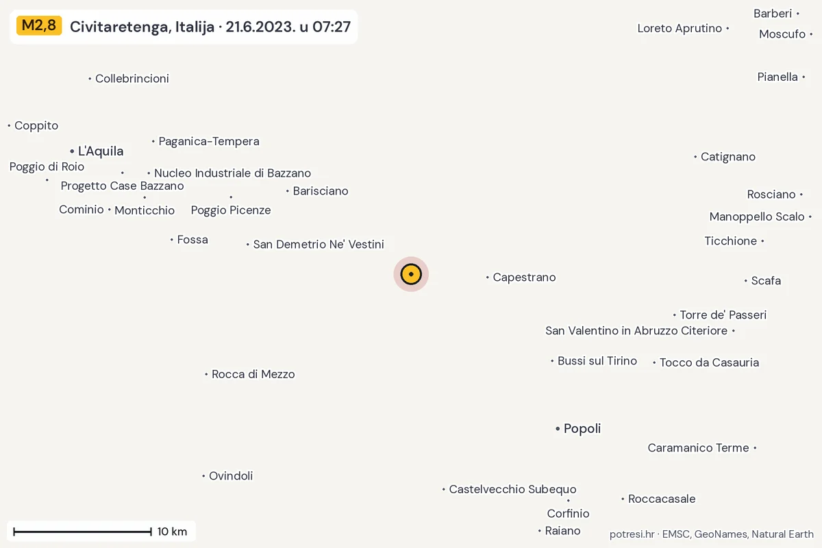 Karta: okolica epicentra, 60 km, potres M2,8, Civitaretenga, Italija, 21.6.2023.