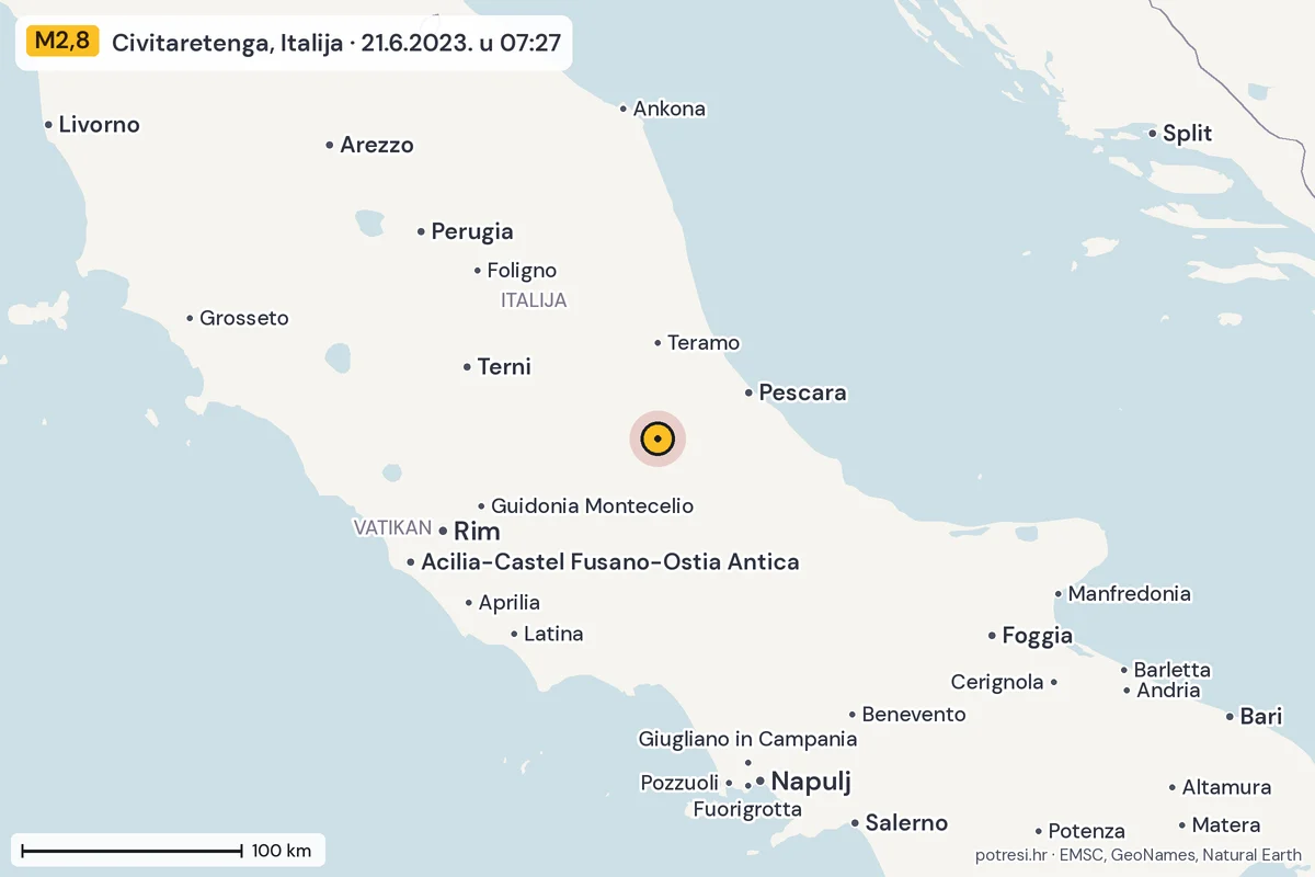 Karta: šire područje, 600 km, potres M2,8, Civitaretenga, Italija, 21.6.2023.