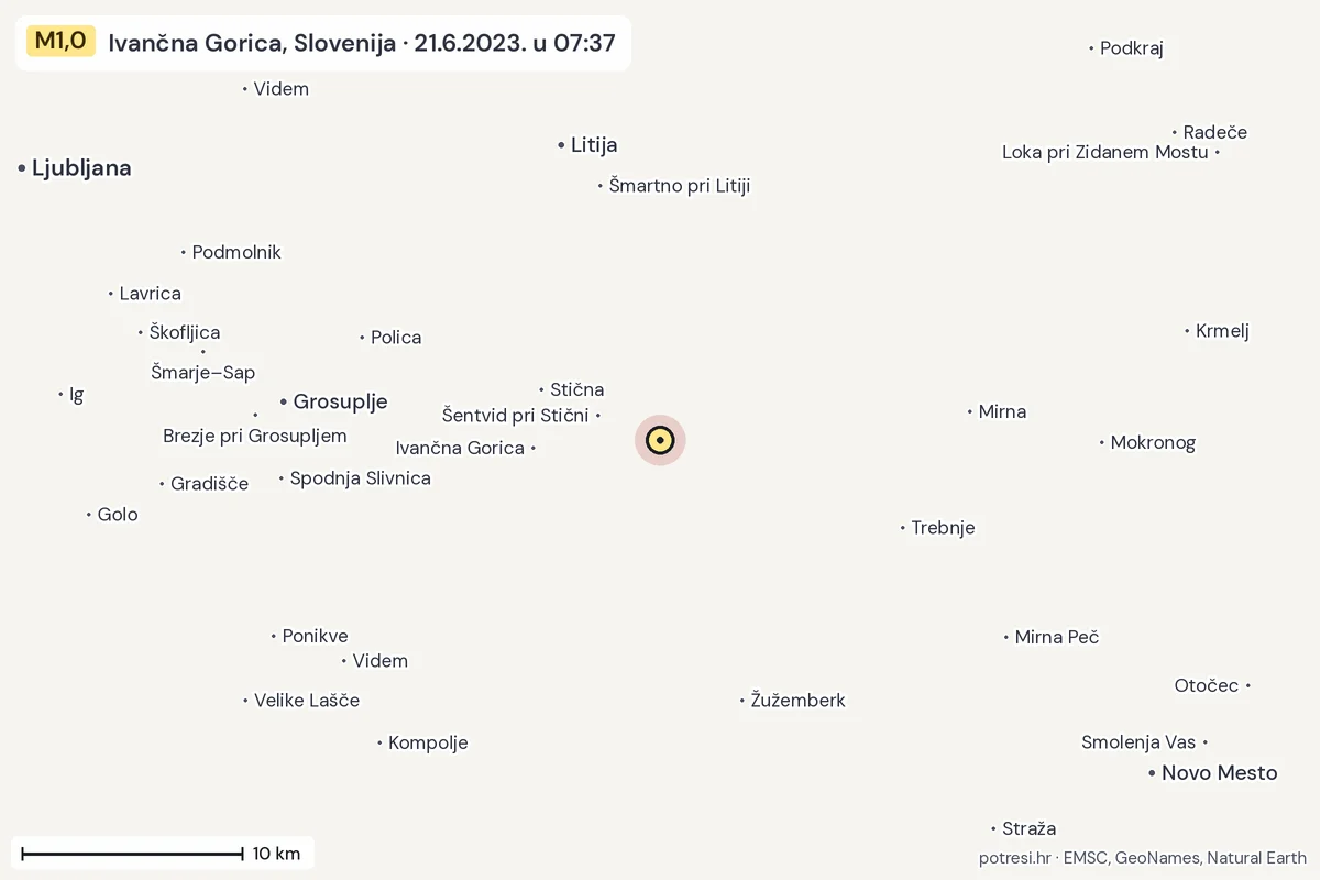 Karta: okolica epicentra, 60 km, potres M1,0, Ivančna Gorica, Slovenija, 21.6.2023.