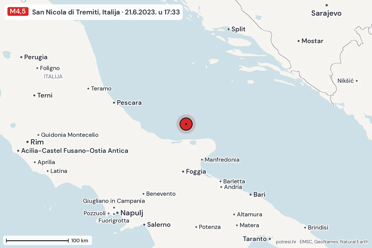 Karta: šire područje, 600 km, potres M4,5, San Nicola di Tremiti, Italija, 21.6.2023.