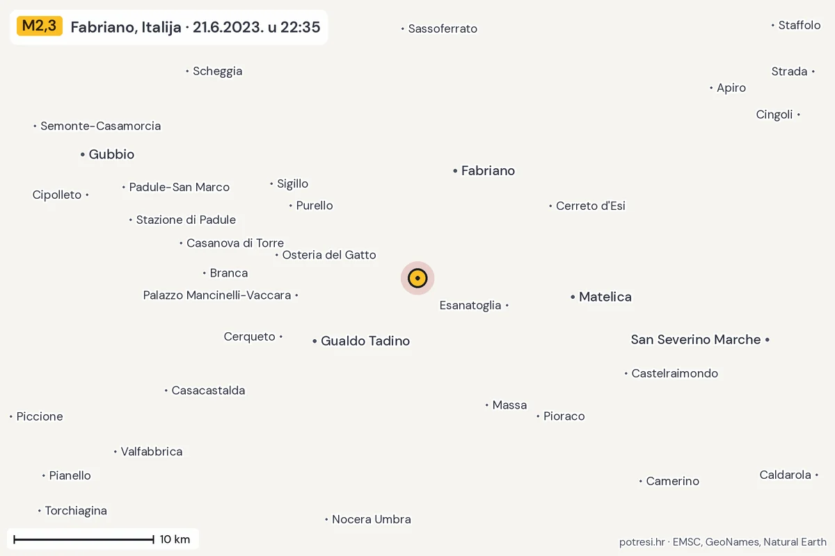 Karta: okolica epicentra, 60 km, potres M2,3, Fabriano, Italija, 21.6.2023.