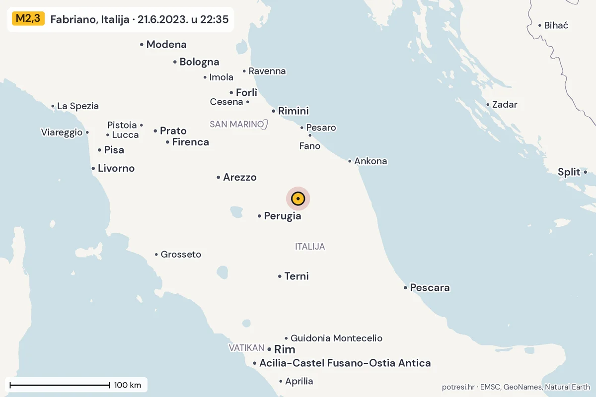 Karta: šire područje, 600 km, potres M2,3, Fabriano, Italija, 21.6.2023.