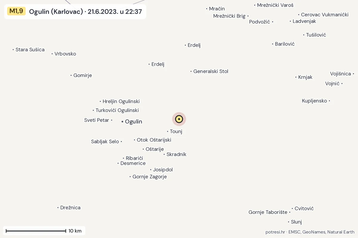 Karta: okolica epicentra, 60 km, potres M1,9, Ogulin (Karlovac), 21.6.2023.