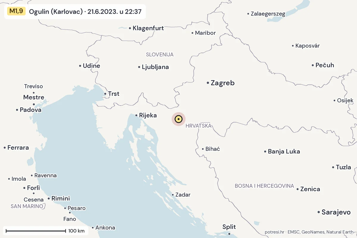 Karta: šire područje, 600 km, potres M1,9, Ogulin (Karlovac), 21.6.2023.